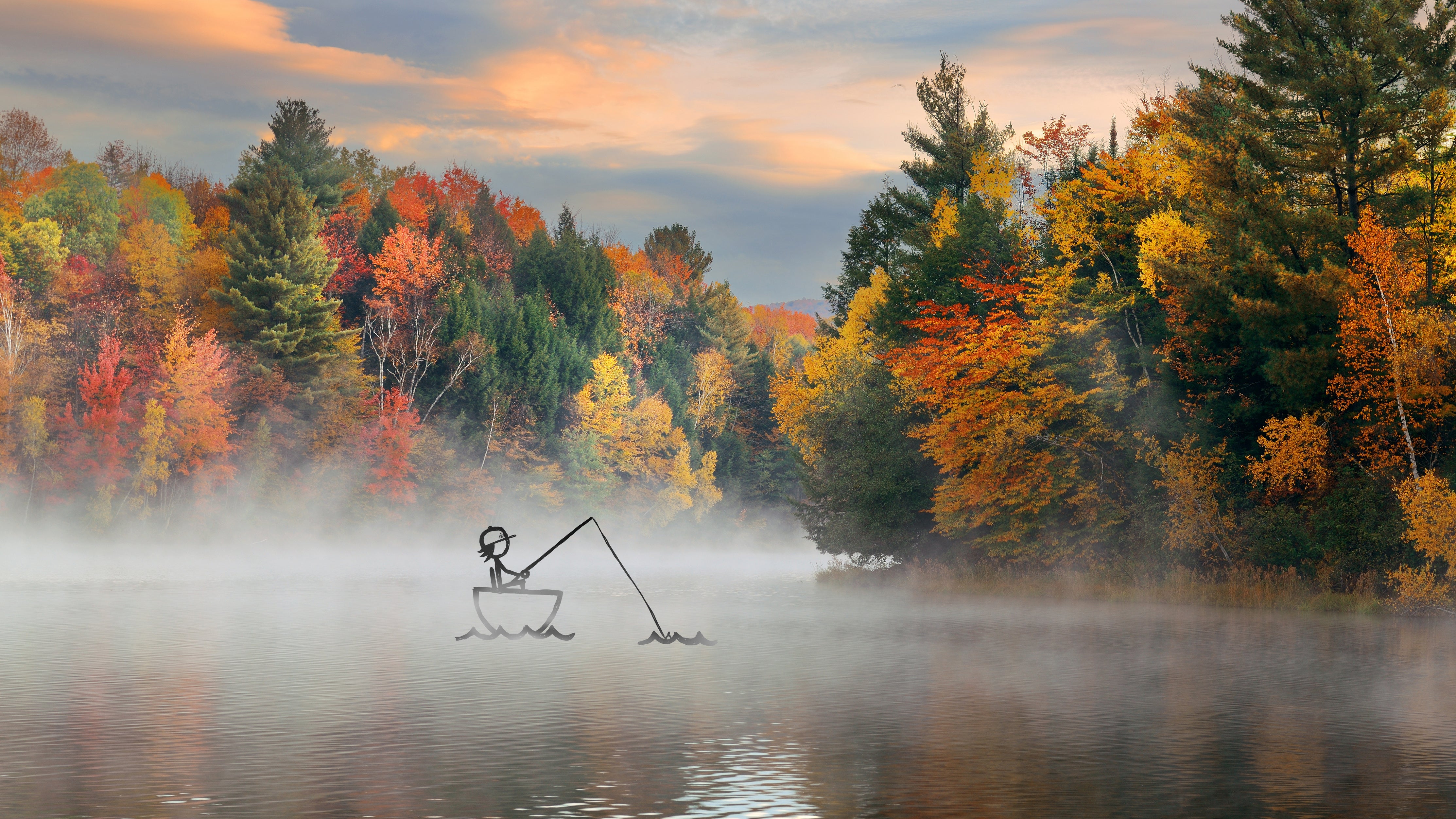 Stix, BeAlive's adventurous character is fishing in the foreground of a vibrant lake with trees changing color and a light fog over the water